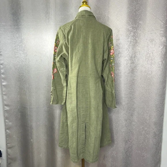 Aratta Silent Journey Olive Green Embroidered Ramie Duster Coat XL ED22J642 - Picture 4 of 13